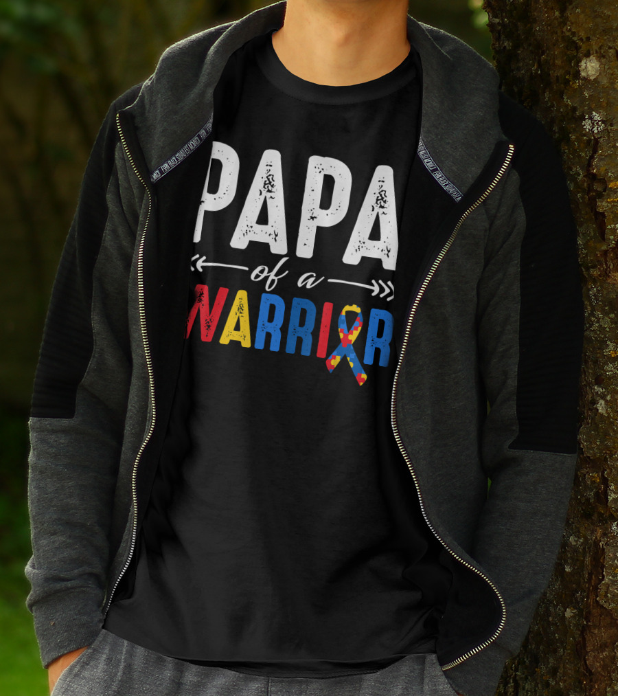 Papa Of A Warrior Autism Awareness Grandpa Colorful Puzzle T-Shirt