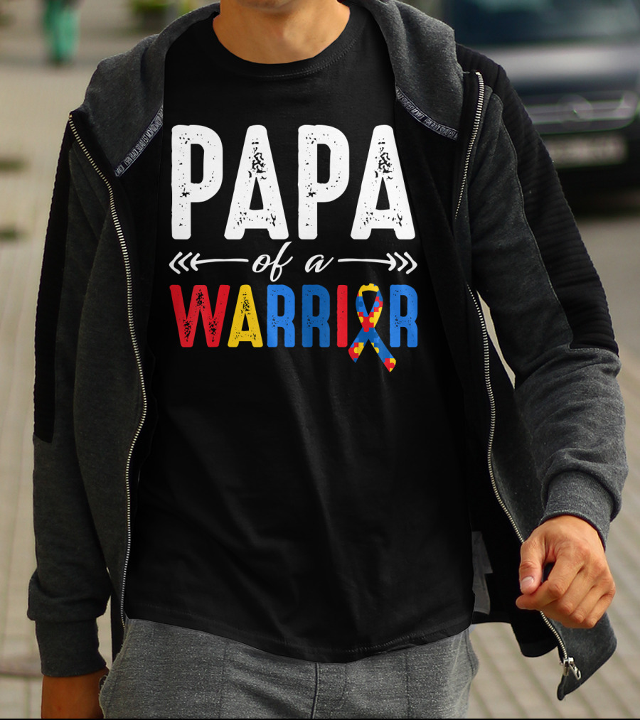 Papa Of A Warrior Autism Awareness Grandpa Colorful Puzzle T-Shirt