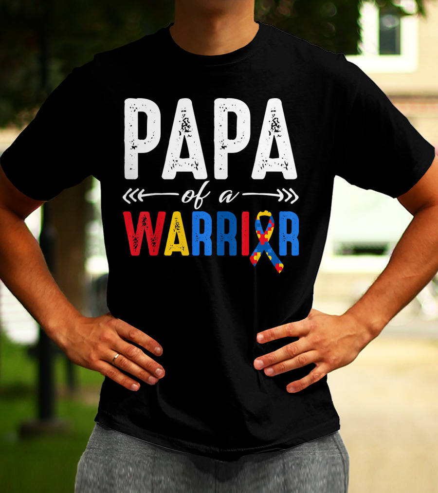 Papa Of A Warrior Autism Awareness Grandpa Colorful Puzzle T-Shirt