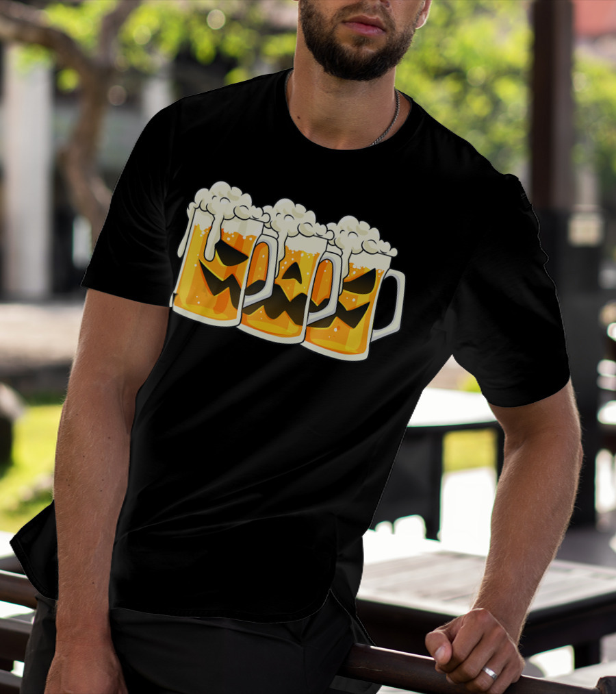 Halloween Jack O Lantern Beer Mug Faces T-Shirt