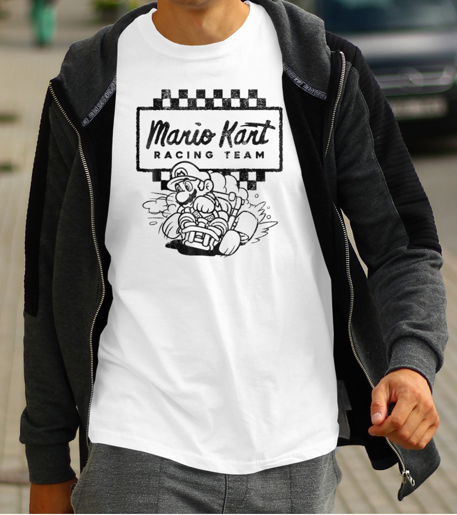 Mario Kart Racing Team Outlined Mario Drift Checkered Flag T-Shirt