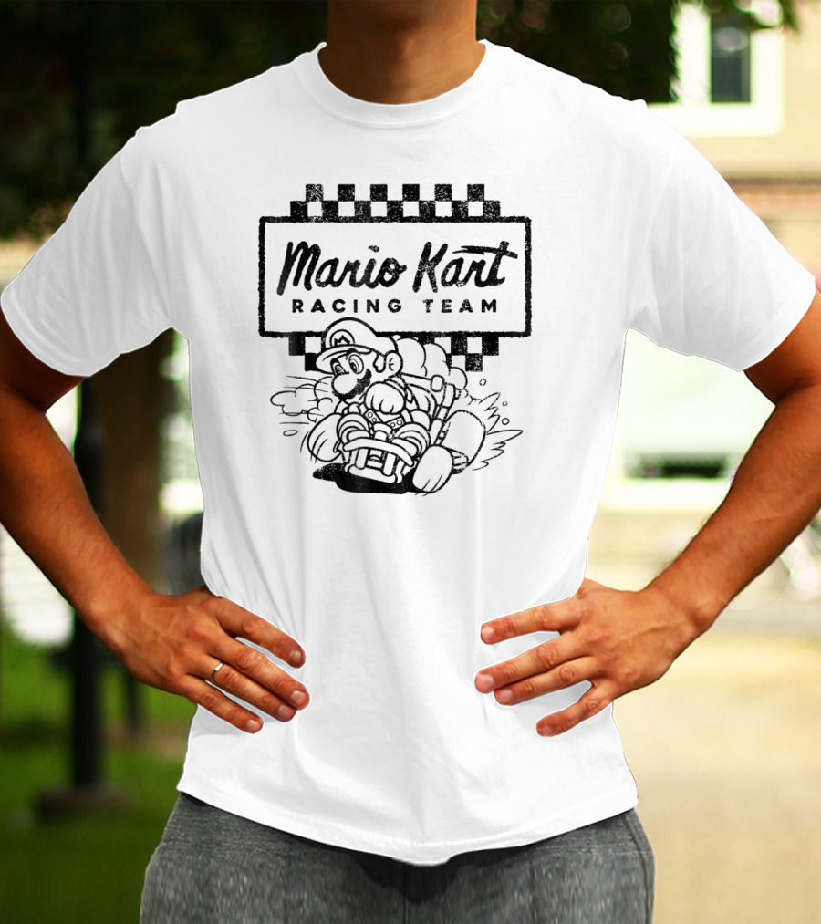 Mario Kart Racing Team Outlined Mario Drift Checkered Flag T-Shirt