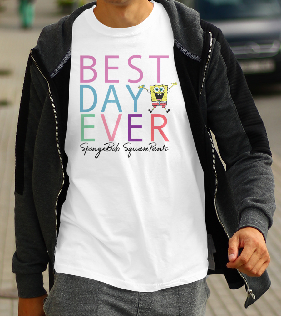 SpongeBob SquarePants Best Day Ever Colorful Text And Character Jumping T-Shirt
