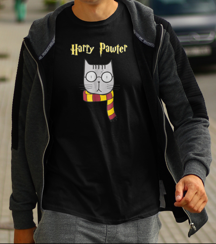 Harry Pawter Magic Cat With Glasses And Gryffindor Scarf T-Shirt