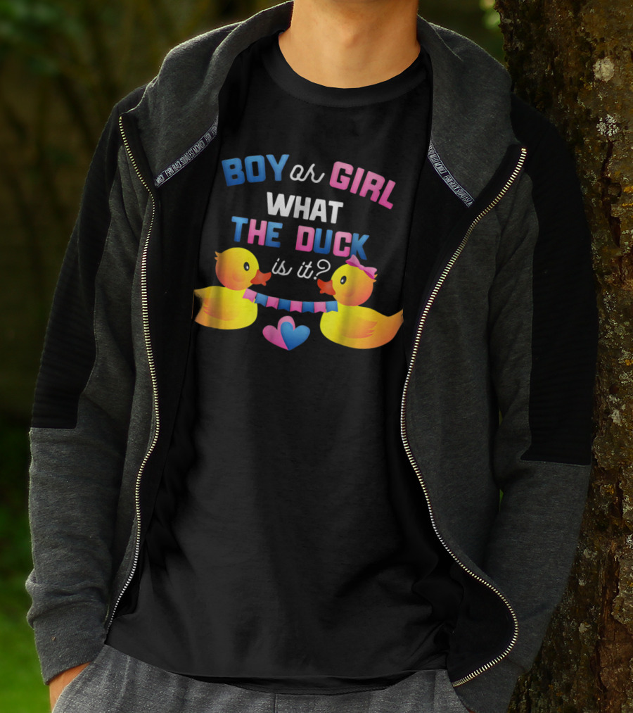 Boy Or Girl What The Duck Is It With Ducklings And Heart Banner T-Shirt