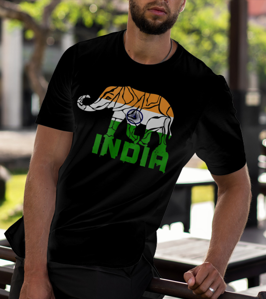 India Elephant With National Flag Colors And India Text T-Shirt
