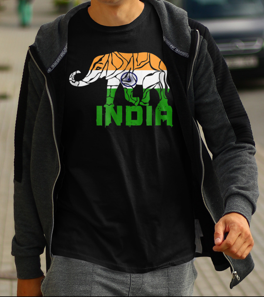 India Elephant With National Flag Colors And India Text T-Shirt