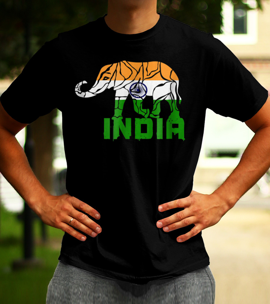 India Elephant With National Flag Colors And India Text T-Shirt