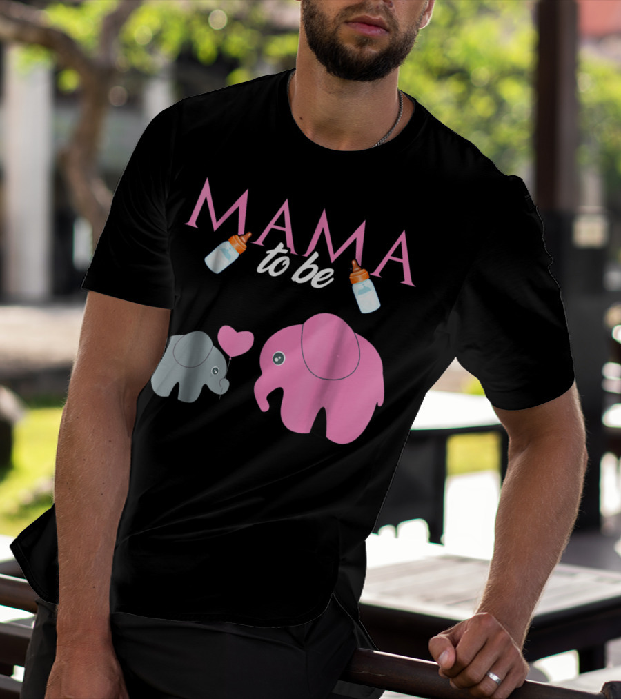Mama To Be Pink Elephant Baby Shower With Milk Bottles And Heart Balloon T-Shirt