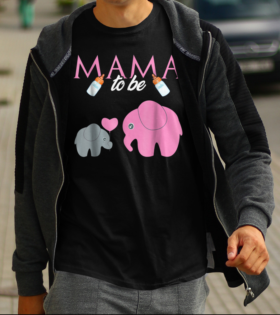 Mama To Be Pink Elephant Baby Shower With Milk Bottles And Heart Balloon T-Shirt