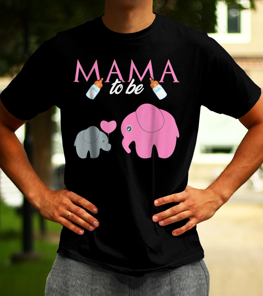 Mama To Be Pink Elephant Baby Shower With Milk Bottles And Heart Balloon T-Shirt