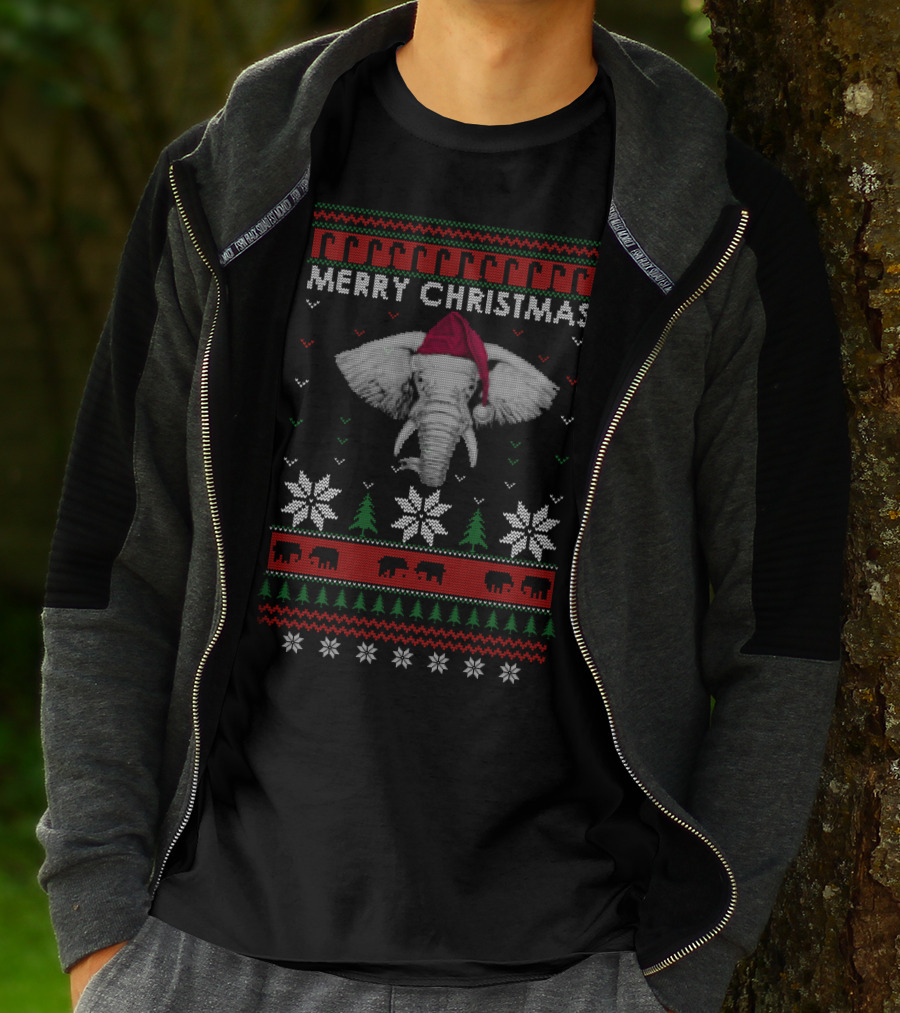 Merry Christmas Elephants Santa Hat Ugly T-Shirt