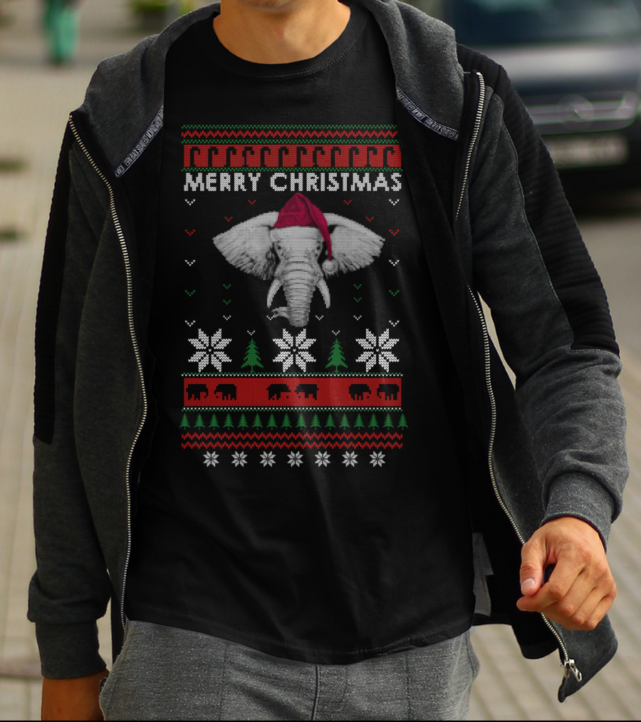 Merry Christmas Elephants Santa Hat Ugly T-Shirt