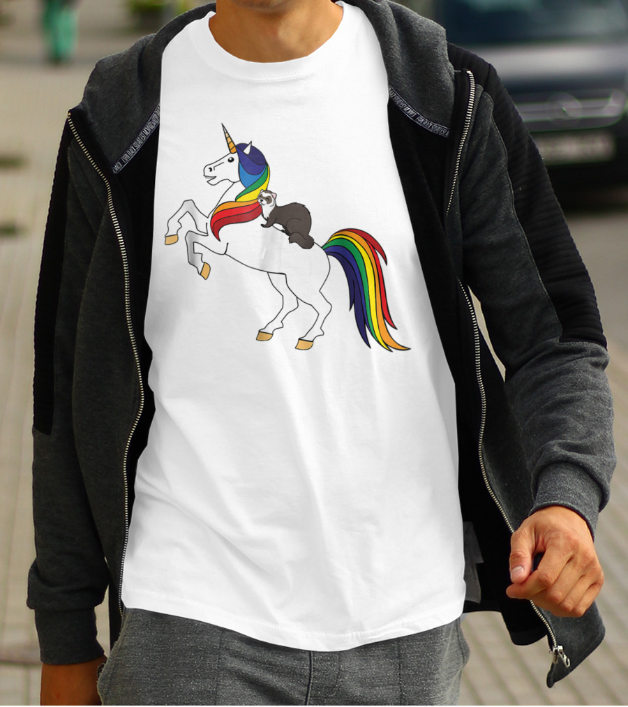 Ferret Riding Rainbow Unicorn T-Shirt