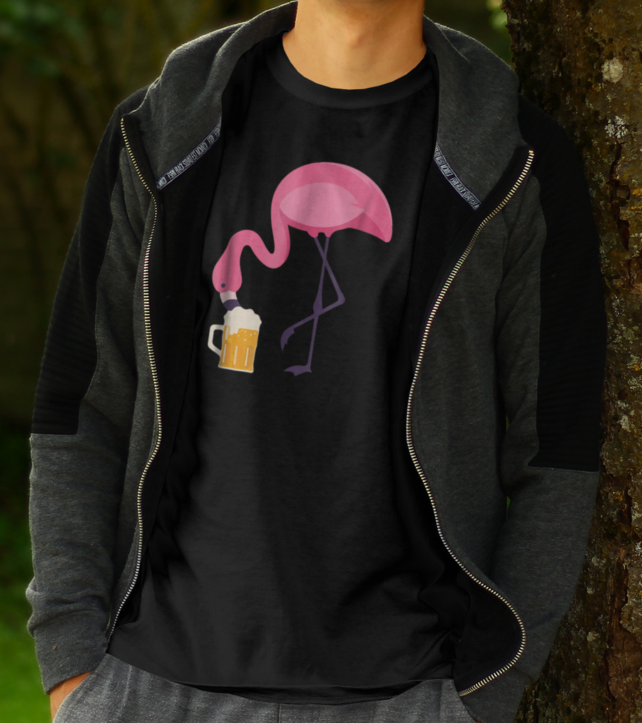 Flamingo Drinking Beer Concept With Pink Bird And Pint Glass T-Shirt
