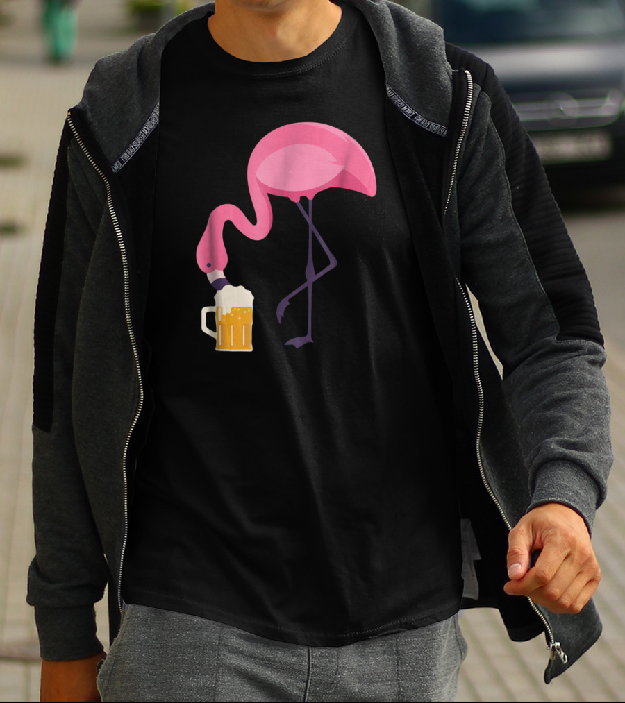 Flamingo Drinking Beer Concept With Pink Bird And Pint Glass T-Shirt