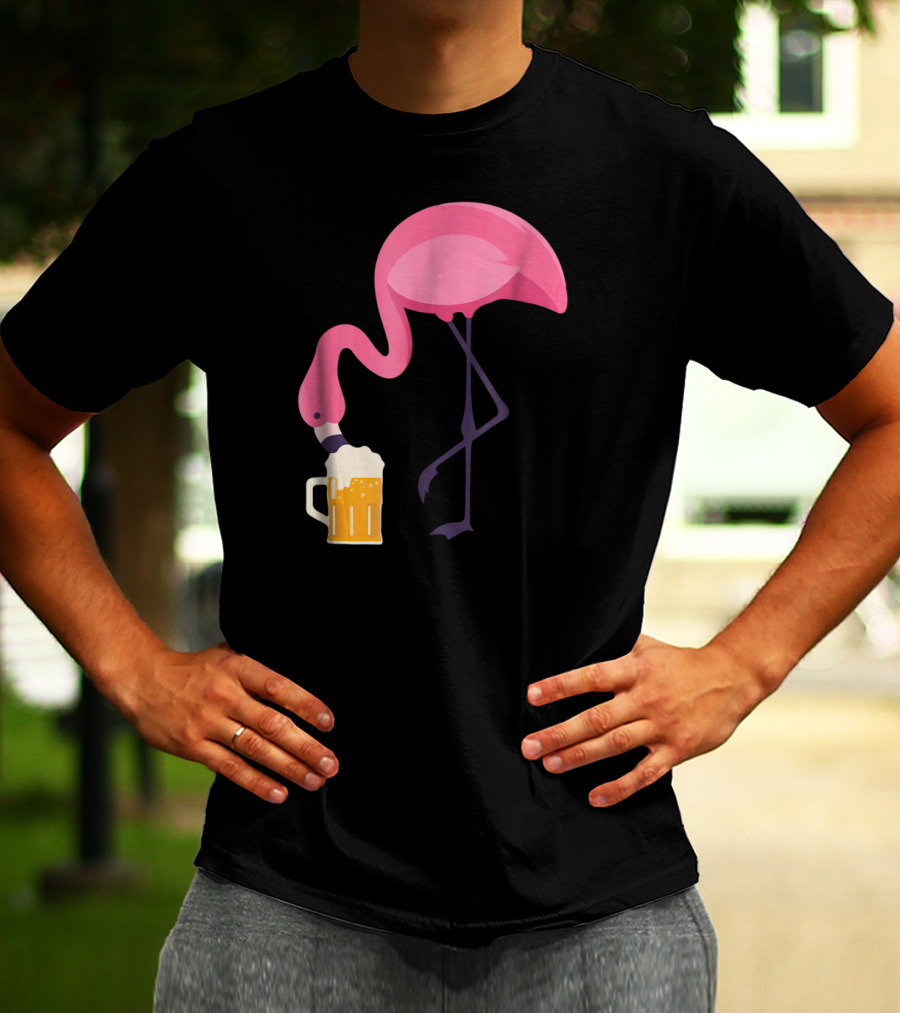 Flamingo Drinking Beer Concept With Pink Bird And Pint Glass T-Shirt
