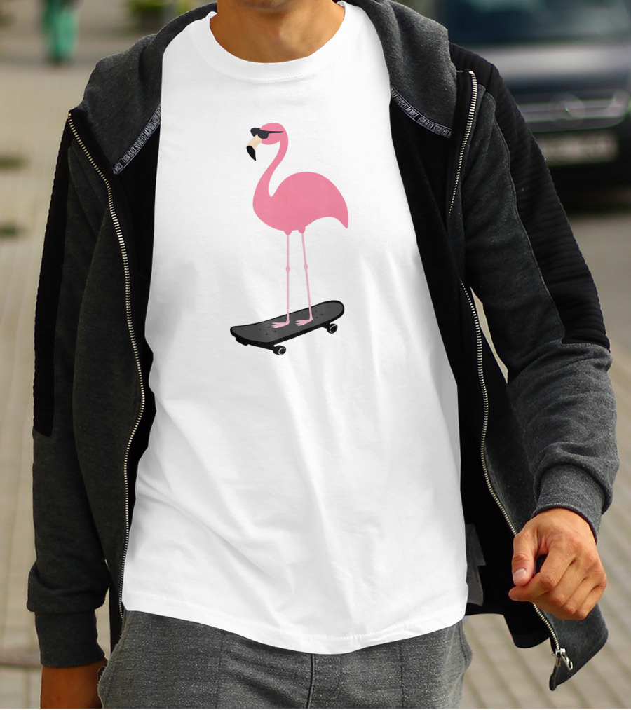 Cool Pink Flamingo Skateboard Sunglasses Bird Pun T-Shirt