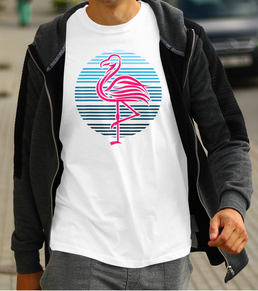 Flamingo Bird 80s Party Retro Stripes Birthday T-Shirt