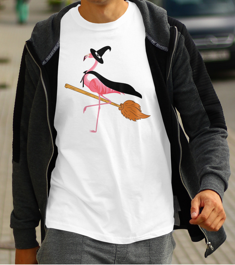 Funny Flamingo Witch Riding Broomstick T-Shirt