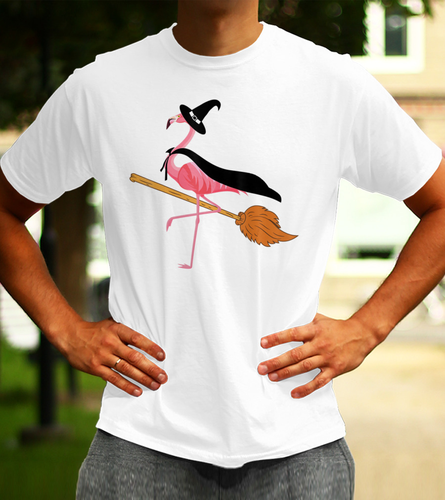 Funny Flamingo Witch Riding Broomstick T-Shirt