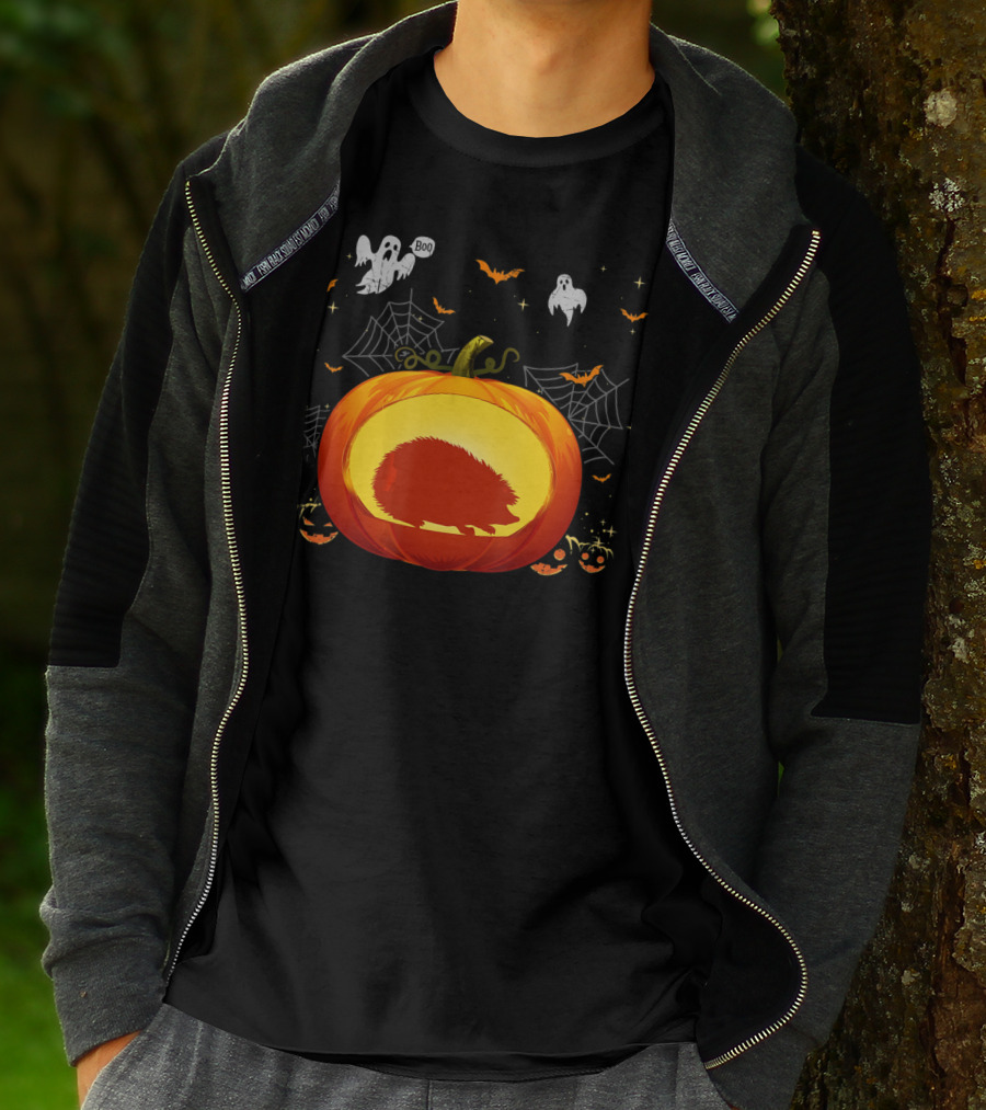Hedgehog Silhouette In Halloween Pumpkin With Ghosts And Spiderwebs T-Shirt