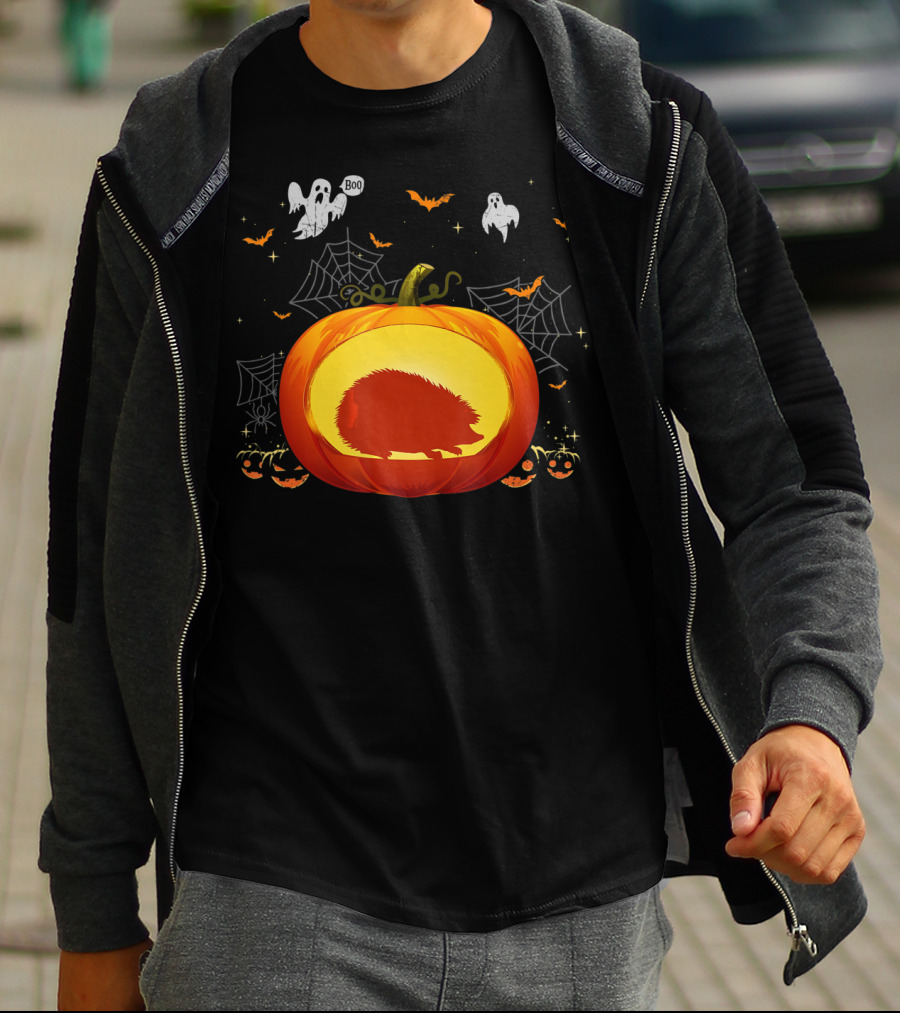 Hedgehog Silhouette In Halloween Pumpkin With Ghosts And Spiderwebs T-Shirt