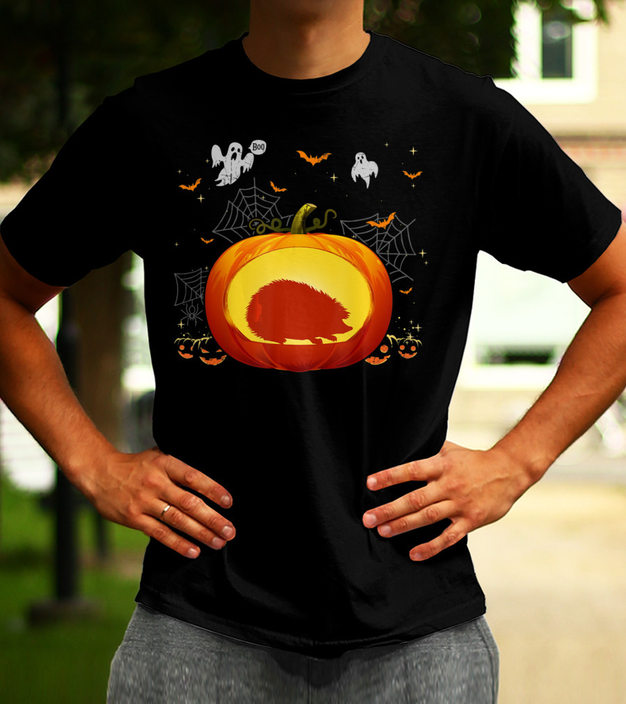 Hedgehog Silhouette In Halloween Pumpkin With Ghosts And Spiderwebs T-Shirt