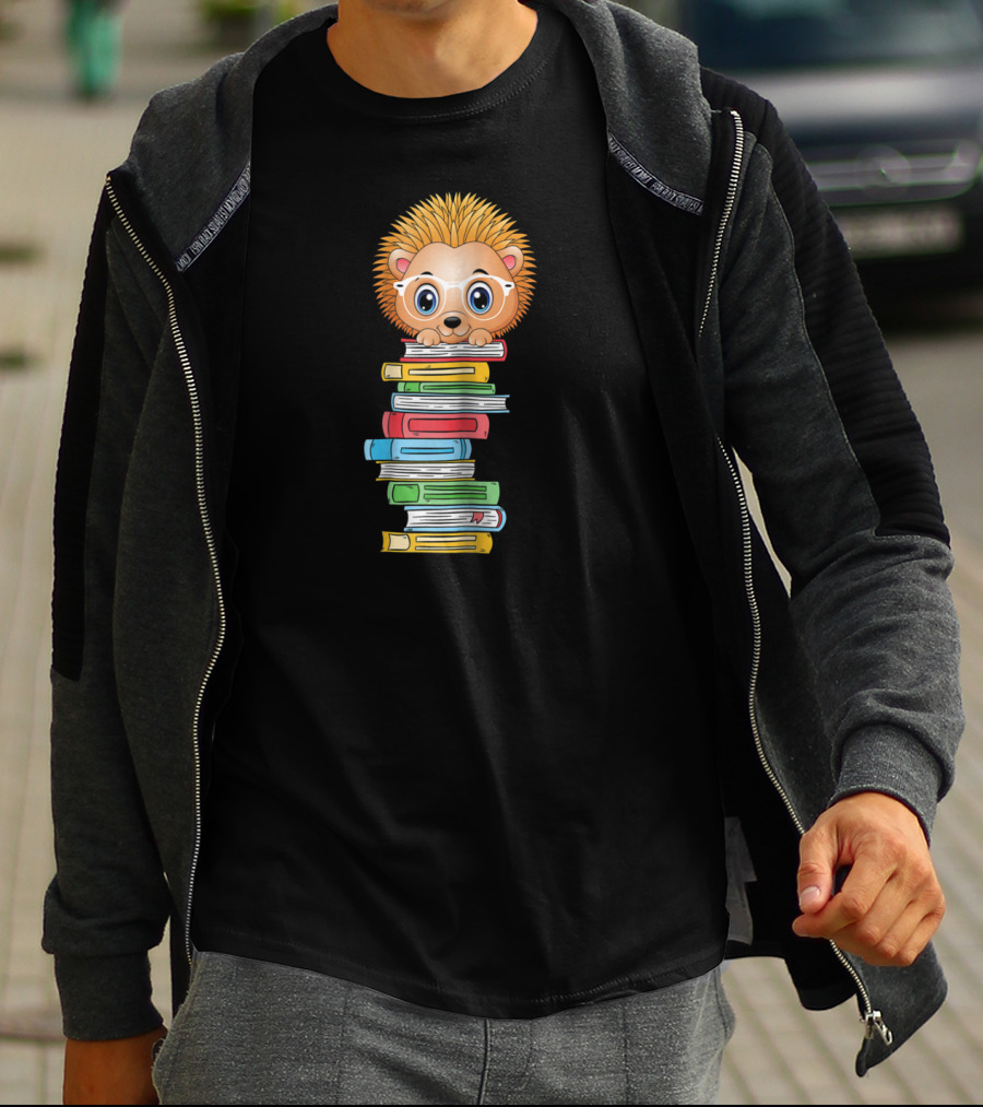 Hedgehog Book Lover With Glasses Hugging Colorful Book Stack T-Shirt