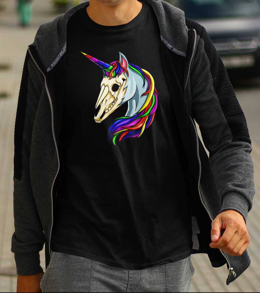 Halloween Unicorn Skeleton Horse Rainbow Head With Colorful Mane T-Shirt