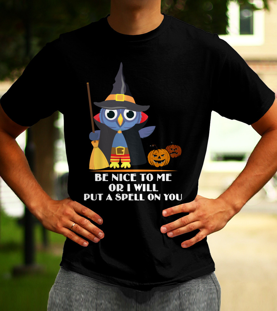 Be Nice To Me Or I Will Put A Spell On You Halloween Owl Witch Broom Pumpkins T-Shirt