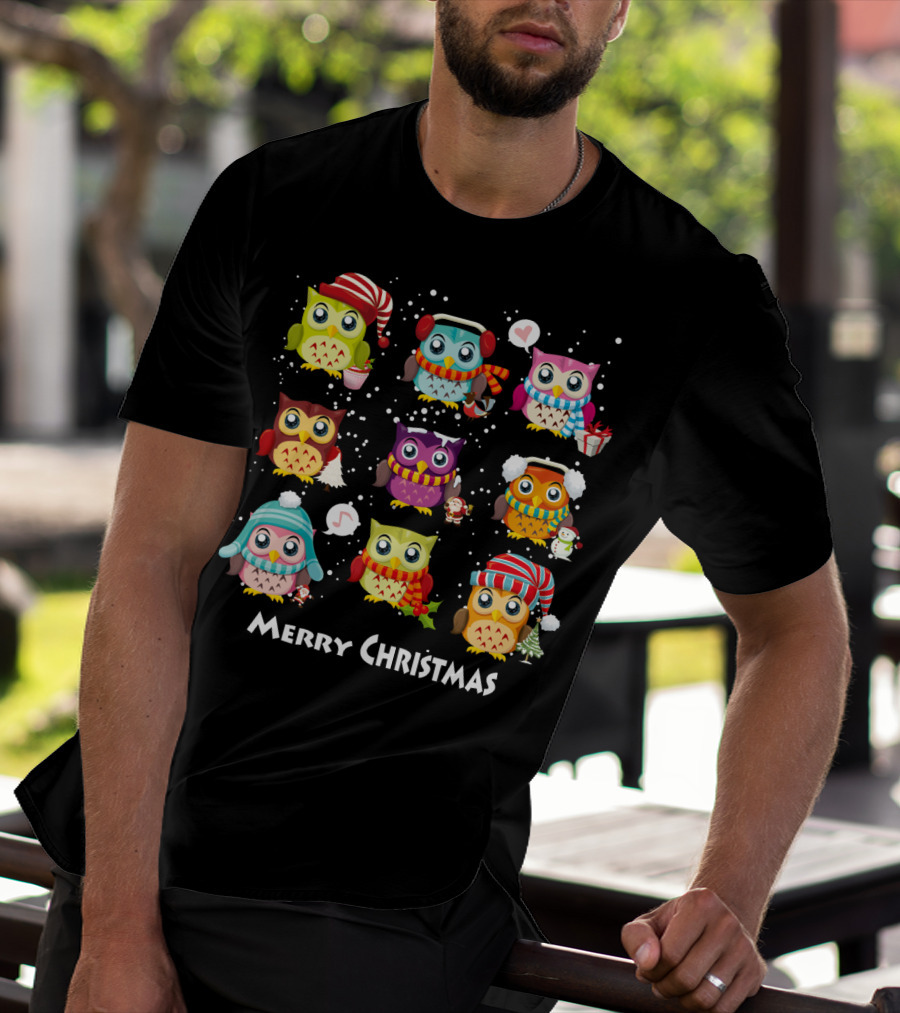 Merry Christmas Cute Owl Festive Holiday Scene T-Shirt