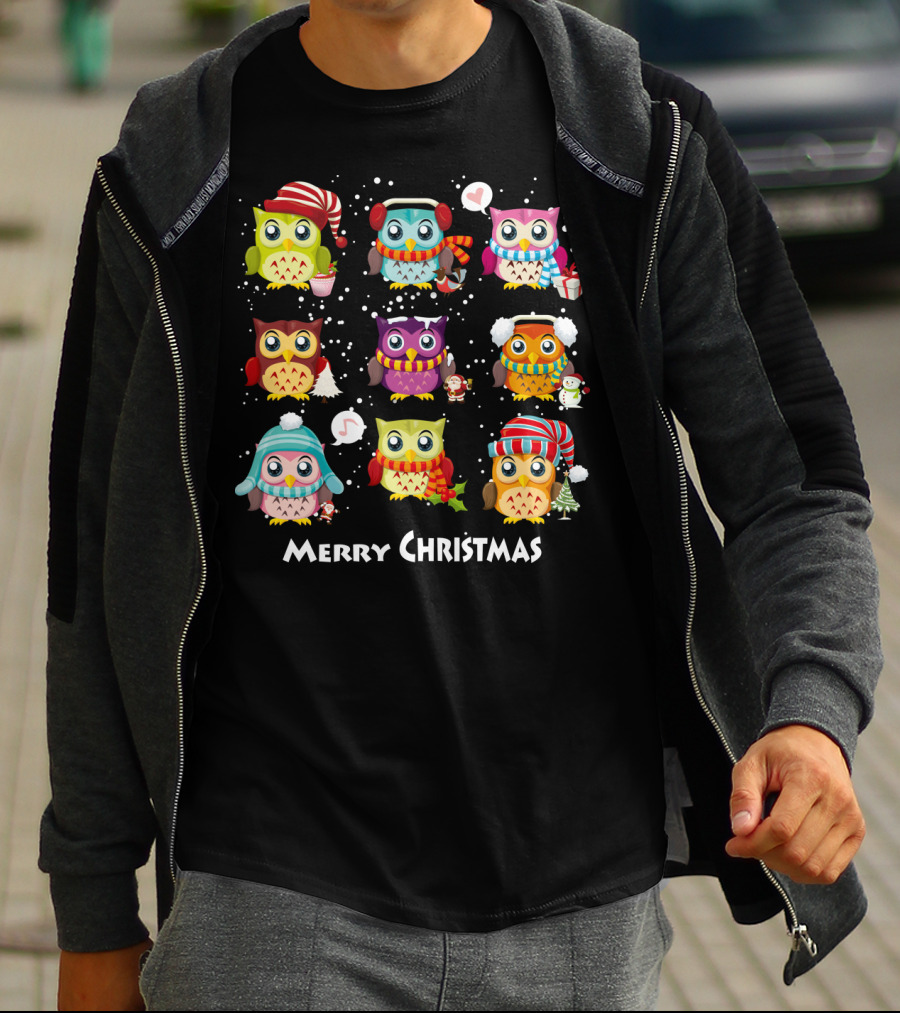 Merry Christmas Cute Owl Festive Holiday Scene T-Shirt