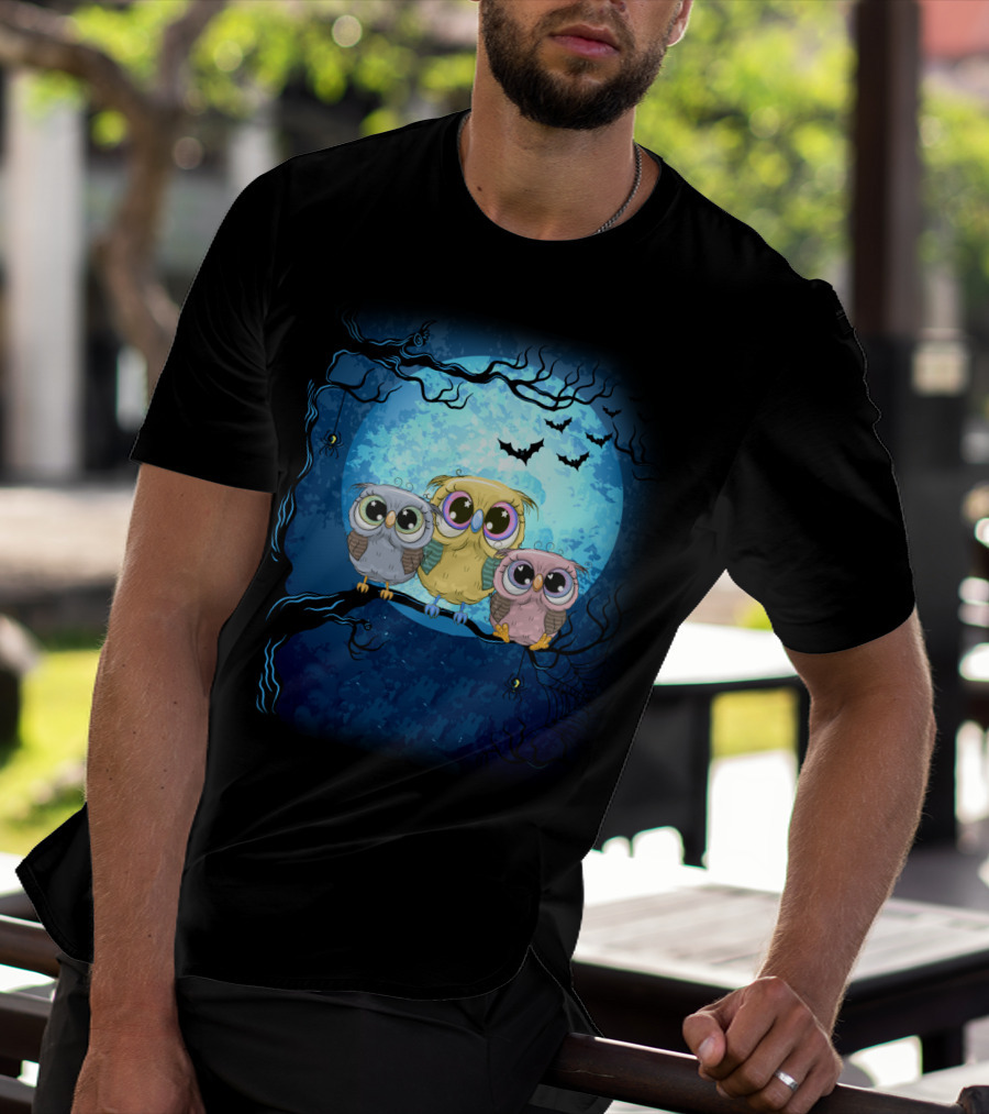 Night Family Owls Under Full Moon With Bats And Spiders T-Shirt