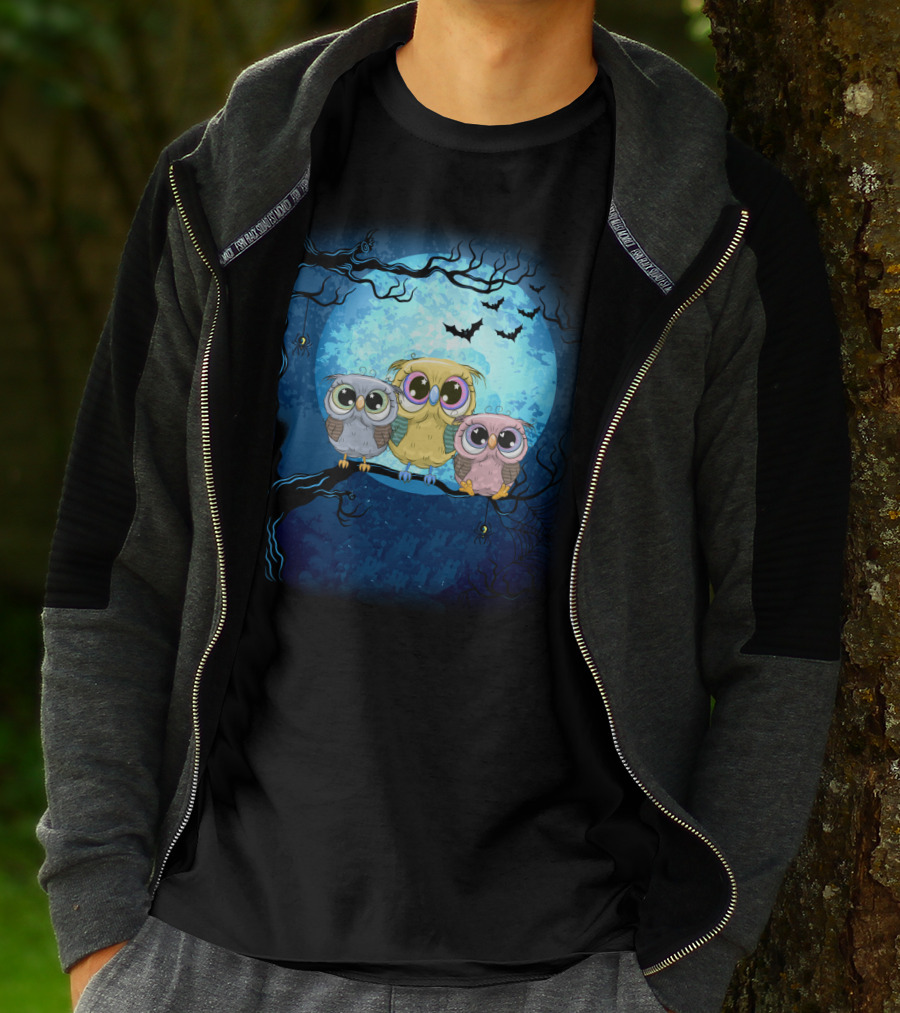 Night Family Owls Under Full Moon With Bats And Spiders T-Shirt