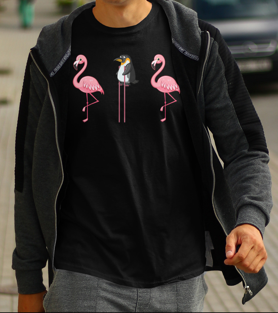 Flamingo Penguin On Stilts Flamingo Lover Scene With Two Pink Flamingos T-Shirt