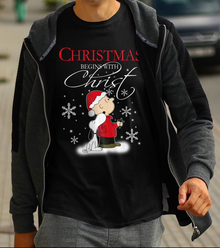 Christmas Begins With Christ Snoopy The Peanuts Movie Charlie Brown Snowflakes T-Shirt
