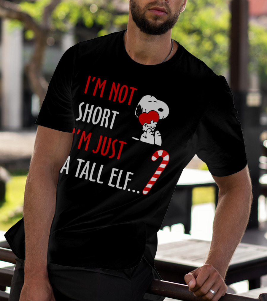 I'm Not Short I'm Just A Tall Elf Snoopy Candy Cane Hugging Heart T-Shirt
