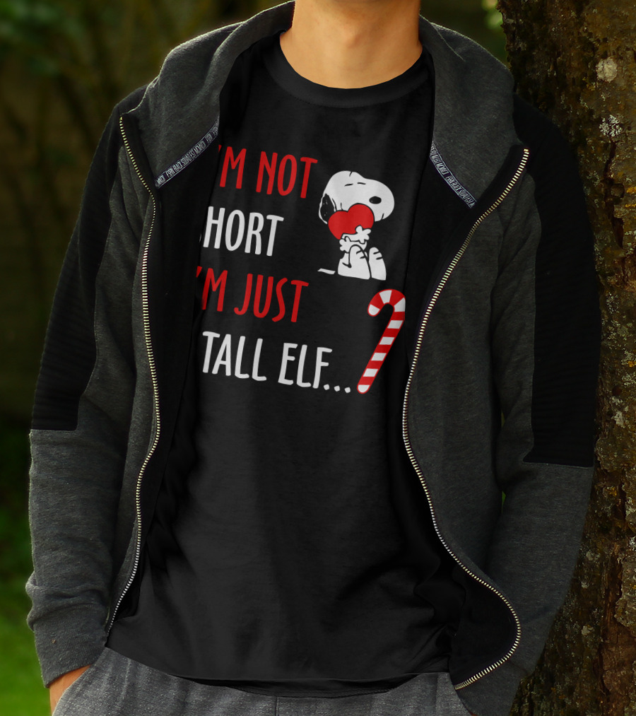 I'm Not Short I'm Just A Tall Elf Snoopy Candy Cane Hugging Heart T-Shirt
