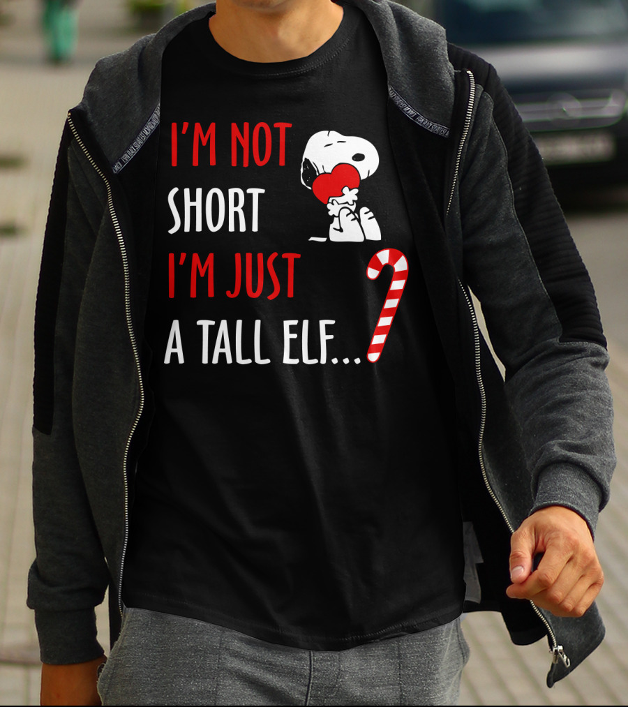 I'm Not Short I'm Just A Tall Elf Snoopy Candy Cane Hugging Heart T-Shirt