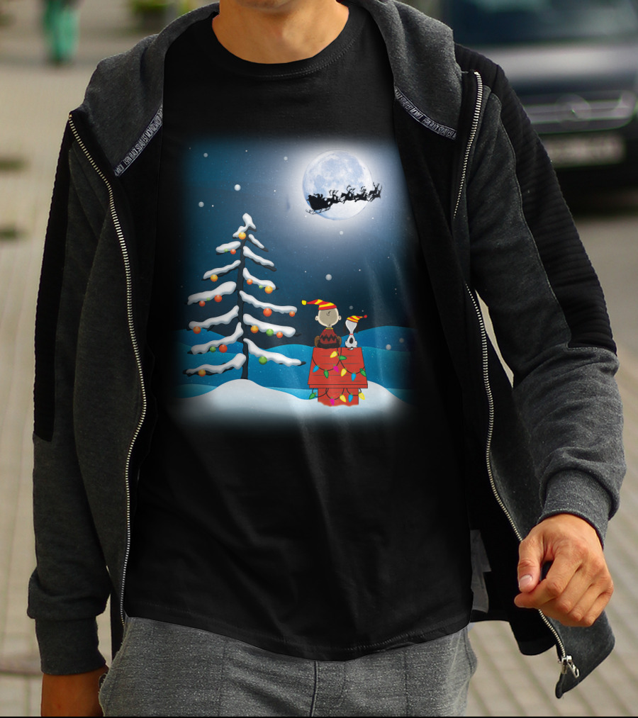 Noel Night Snoopy Peanuts Movie Christmas Scene Santa Sleigh Winter Tree With Lights T-Shirt