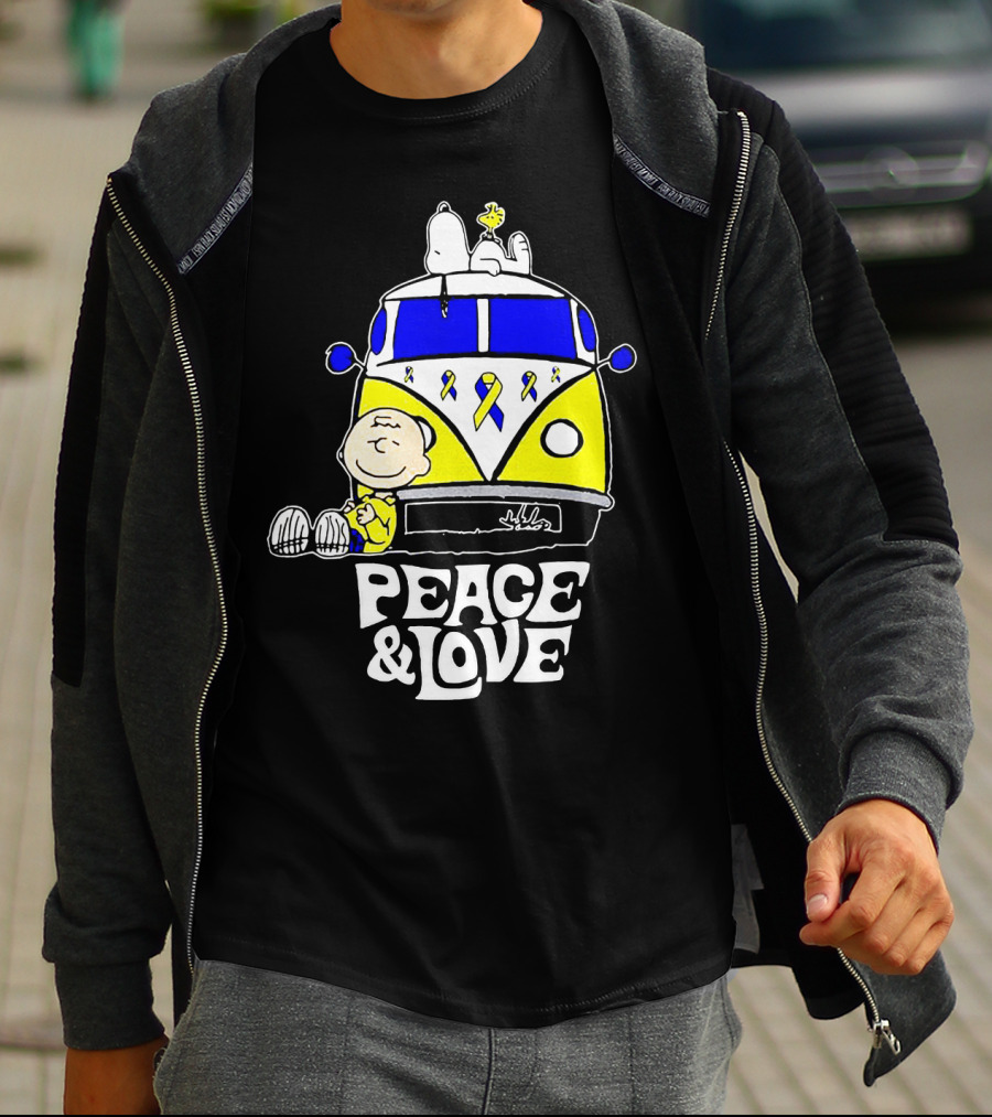 Peace And Love Snoopy Woodstock Yellow Ribbon Van Peanuts Cancer Warrior T-Shirt