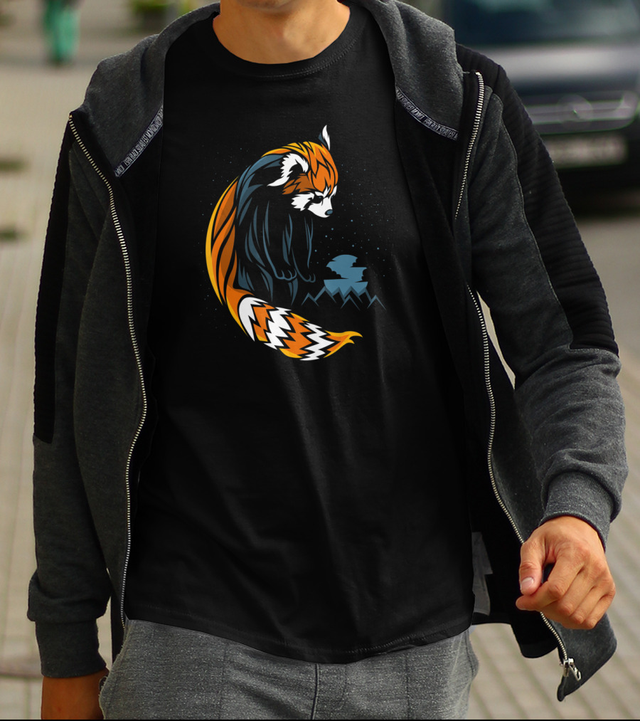 Red Panda Tattoo Style With Mountains And Night Sky T-Shirt