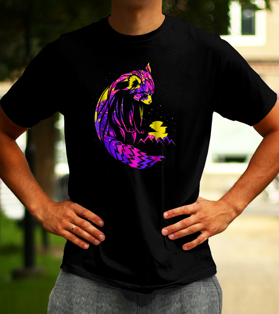 Red Panda Tribal Neon Night Mountains T-Shirt