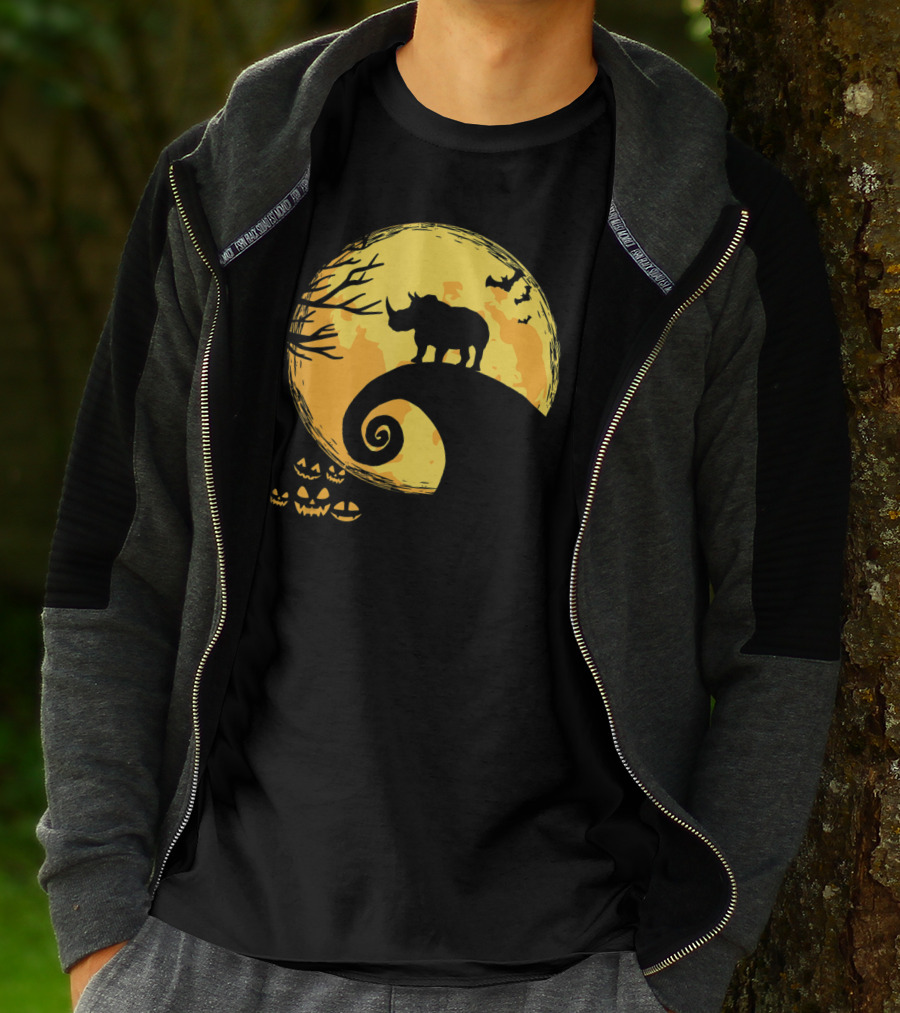 Funny Rhino And Moon Halloween Parody With Jack-O'-Lanterns And Bat T-Shirt