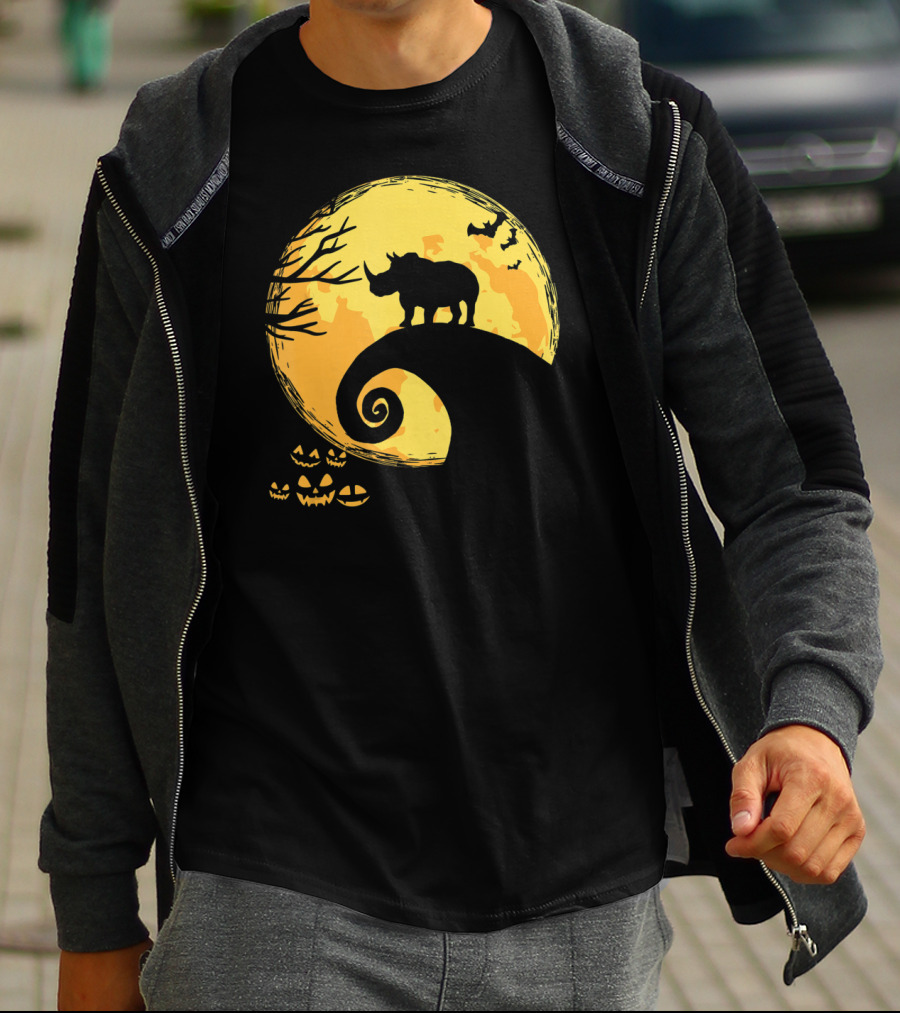 Funny Rhino And Moon Halloween Parody With Jack-O'-Lanterns And Bat T-Shirt