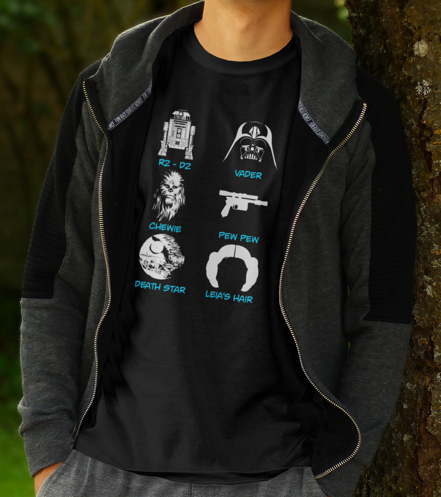 R2-D2 Darth Vader Chewie Pew Pew Death Star Leia's Hair T-Shirt