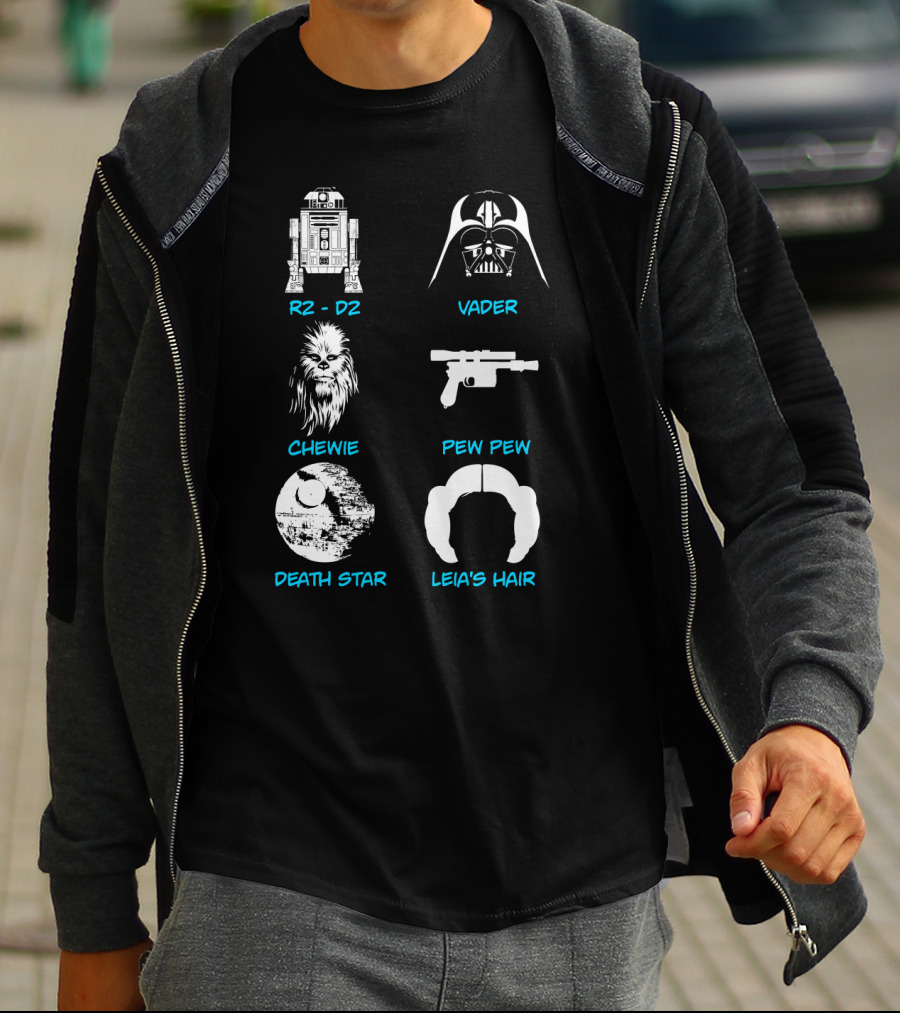 R2-D2 Darth Vader Chewie Pew Pew Death Star Leia's Hair T-Shirt