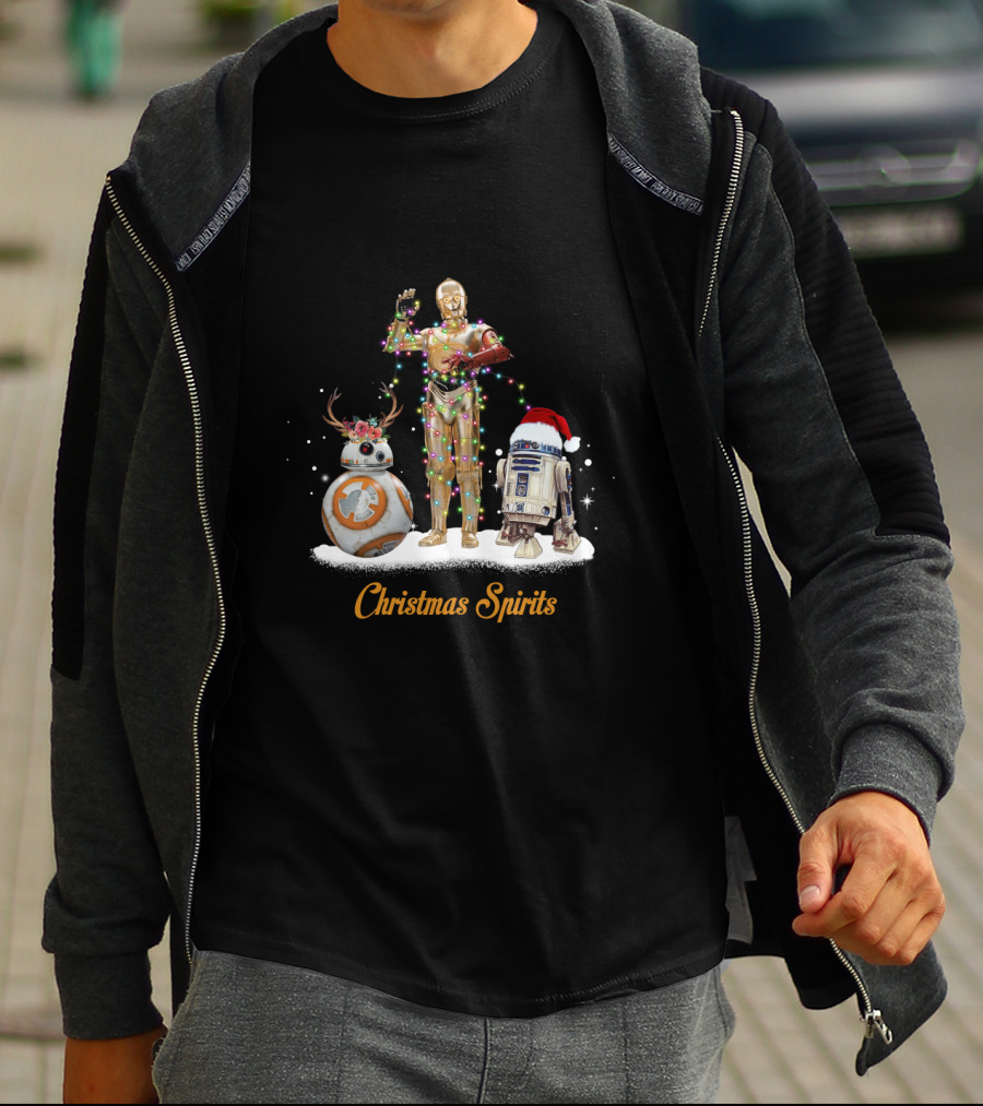 Christmas Spirits Droids Star Wars BB-8 C-3PO R2-D2 Holiday Lights Santa Hat T-Shirt