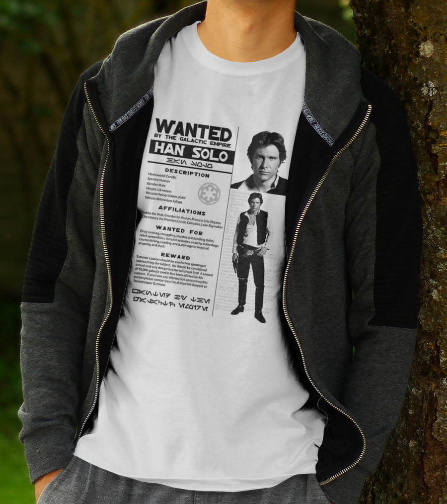 Wanted By The Galactic Empire Han Solo Description Affiliations Reward T-Shirt